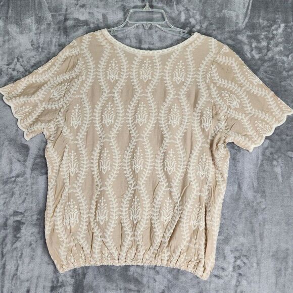 Solitaire Top Womens XL Beige Embroidered Scallop Short Sleeve Boho Western NEW - Picture 2 of 10